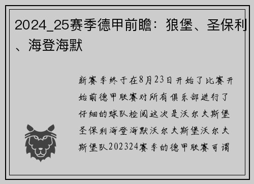 2024_25赛季德甲前瞻：狼堡、圣保利、海登海默