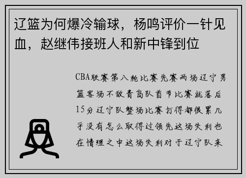 辽篮为何爆冷输球，杨鸣评价一针见血，赵继伟接班人和新中锋到位